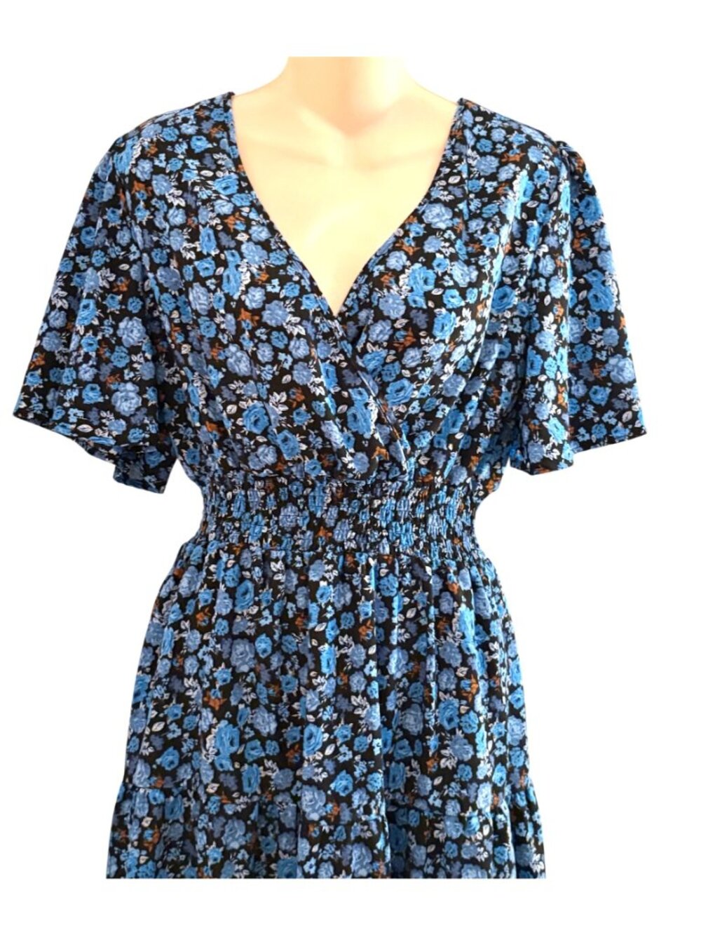 Kojooin Womens Medium Floral Midi Dress V-Neck S/S Blue Black Cottagecore - Picture 2 of 7